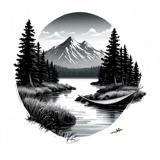meadow with river mountain hammock forest lake tattoo design idea
