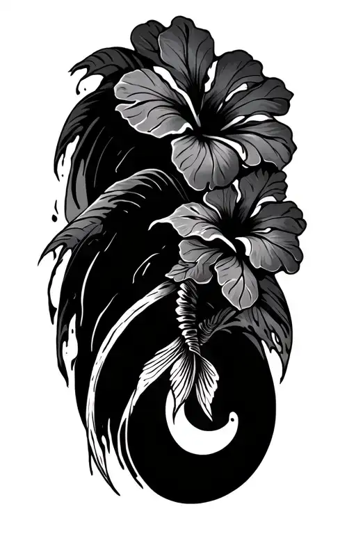 waves with beach and hibiscus makau fish hook tattoo design idea