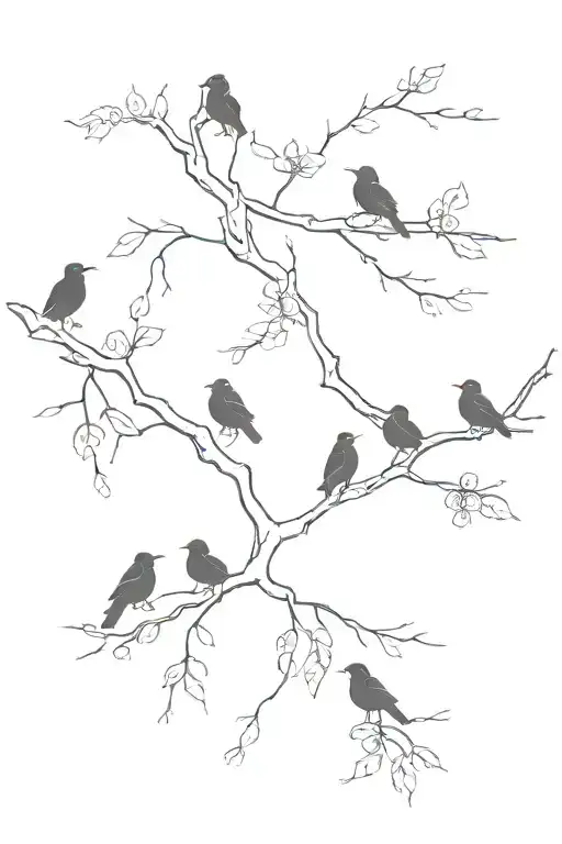 sideways skinny spooky cherry branch with minimal blossoms and 4 solid black birds sitting on branch.  tattoo design idea