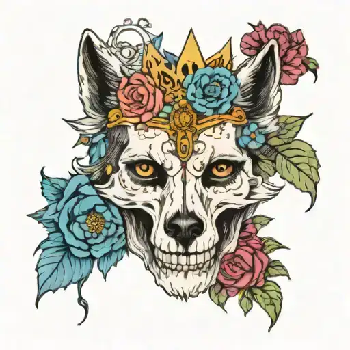 wolf skull with flowers and a crown surrounded by bold flowers woman tattoo design idea