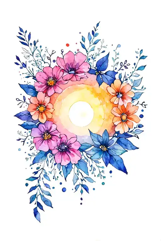 > A delicate, tapered watercolor spine tattoo flowing vertically down the back.Top (largest): Floral celestial sun with tattoo design idea