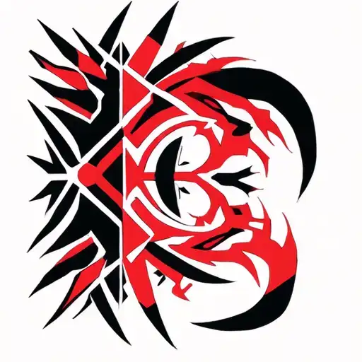 Tribal tattoo inspired by Predator (Yautja) culture, black and red geometric patterns, sharp angles, claw marks, symmetr tattoo design idea