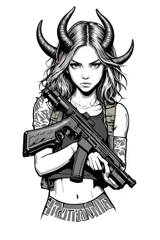 a girl from the game pubg with horns on her head, an insolent look in her hands, holding an m16 machine gun in detail tattoo design idea