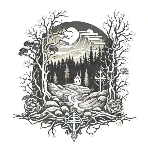 dark forest in a valley with crosses on a hill tattoo design idea