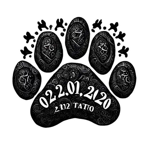 paw print surrounded by Roman numerals 02.20.2020 tattoo design idea
