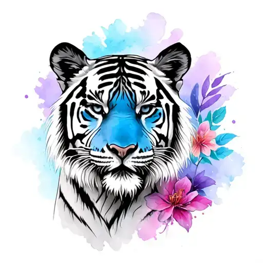 realistic tiger sketch full face from the front, add blue purple and pink color splashes, add flowers for a jungle theme tattoo design idea