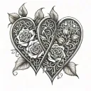 Two heart lockets intertwined with vines and blooming roses, each with a birthdate engraved inside tattoo design idea