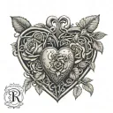 Two heart lockets intertwined with vines and blooming roses, each with a birthdate engraved inside tattoo design idea