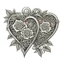 Two heart lockets intertwined with vines and blooming roses, each with a birthdate engraved inside tattoo design idea