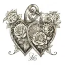 Two heart lockets intertwined with vines and blooming roses, each with a birthdate engraved inside tattoo design idea