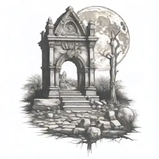 graveyard with hollow full moon tattoo design idea