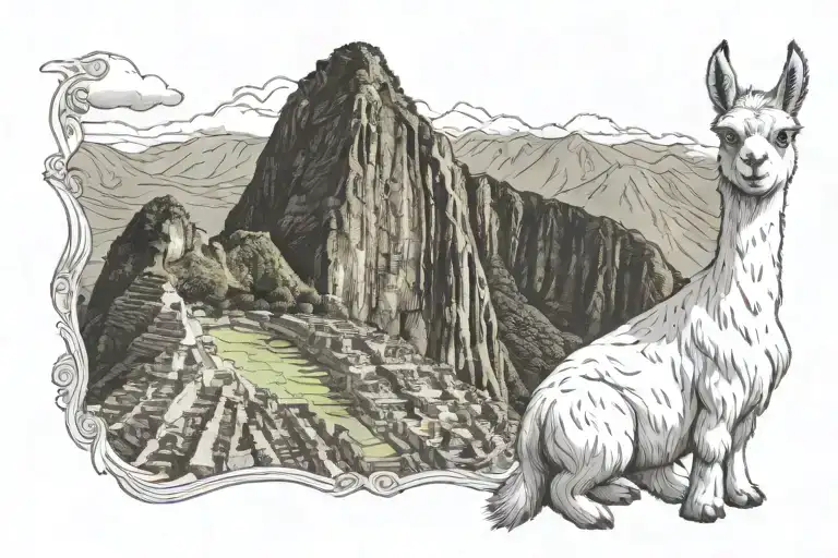 machu picchu with alpaca wearing inca realism femine tattoo tattoo design idea