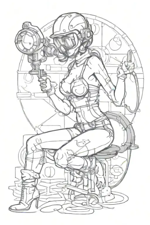sexy pin up donning welding mask and lingerie, big, round ass,  over on her knees using torch, she's very fit. not weird tattoo design idea