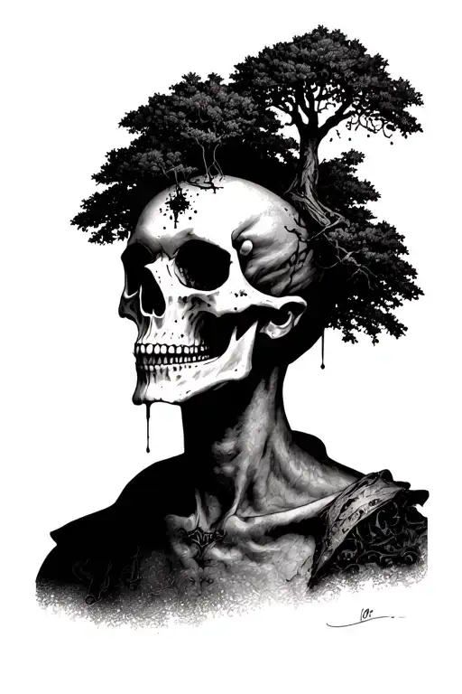 skull facing forward with a small black poison tree on the forehead, ashes fade from the eyes tattoo design idea