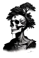 skull facing forward with a small black poison tree on the forehead, ashes fade from the eyes tattoo design idea