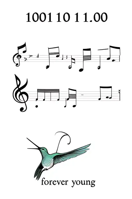 "100 100 100" Hummingbird, music notes, "forever young" print tattoo design idea