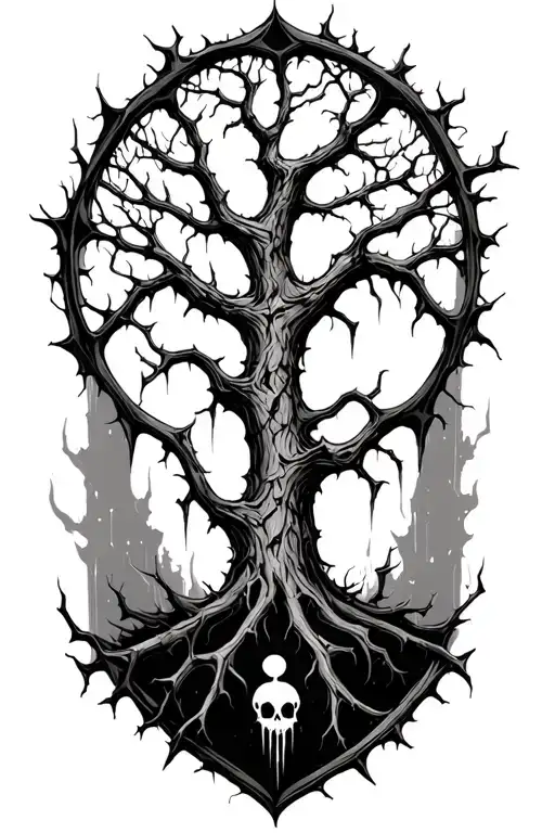 tree of life poisoned and dying thorns and vines dystopian high detail overgrown sharp thorn pointy vines tattoo design idea