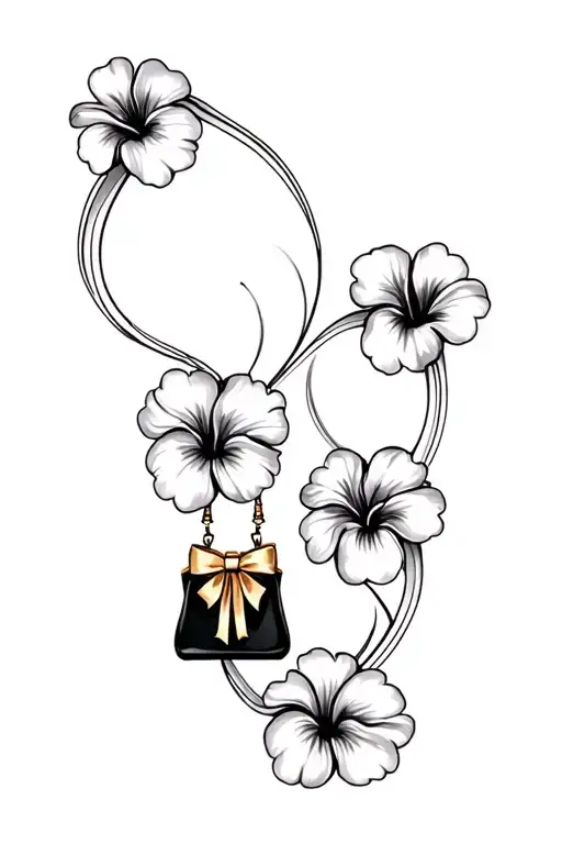 multiple black and grey hibiscus flowers around black purse and gold bow tattoo design idea