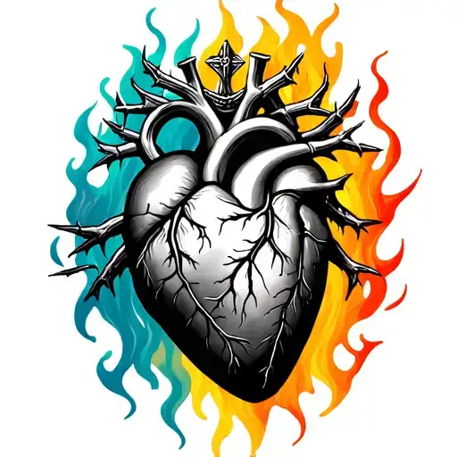 anatomically correct heart with sacred heart thorn crown and flames black and white  tattoo design idea