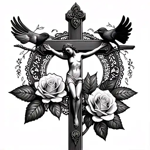 Old school style. A crucifix in the center. Two roses at the bottom. Birds on top. Lace on the sides tattoo design idea