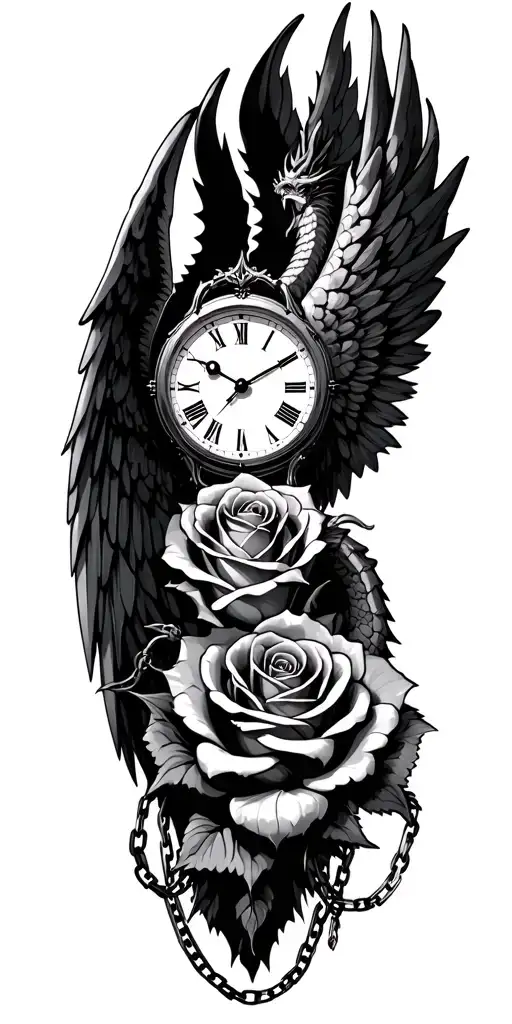 rose intertwined, angel wings, dragon surrounded, clock face, chains tattoo design idea