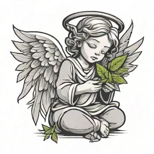 Create a minimalist cartoon angel, with an innocent face, carrying marijuana in his hands tattoo design idea