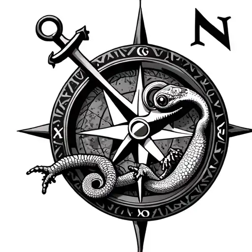 gecko anchor compass surrounded tattoo design idea