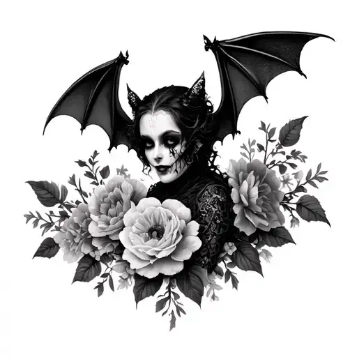 goth vampire bat with lace and flowers blooming tattoo design idea