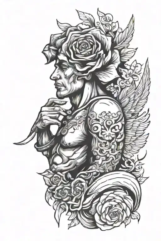 a man with a flower as his head posing like an angel tattoo design idea