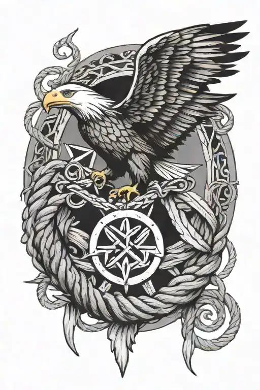 eagle with a triquetra symbol underneath it and with sailing rope intertwined tattoo design idea