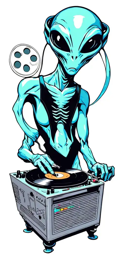 A tattoo design of an alien DJ spinning records on a turntable with a movie reel in the background tattoo design idea