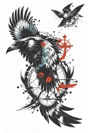 raven flying, kingfisher perched, duck hunting, compass, fly fishing, steelhead  tattoo design idea