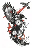 raven flying, kingfisher perched, duck hunting, compass, fly fishing, steelhead  tattoo design idea