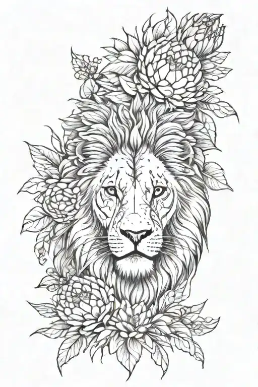 lion face with fynbos and proteas tattoo design idea