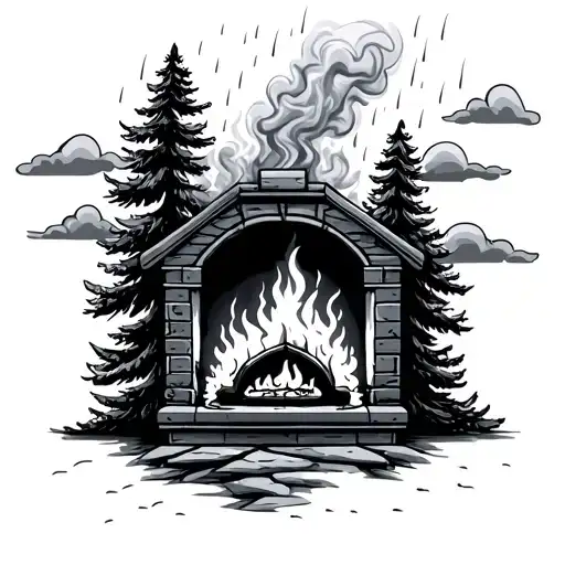 fire place with smoke, pine trees, clouds and rain. fullmoon tattoo design idea