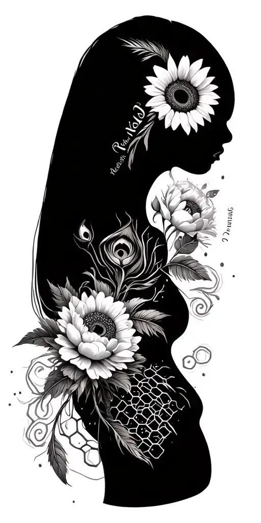 "Rase Wade, Cam Henry, Maud Lea" sunflowers, peonies, liles, honeycomb, peacock feathers and swirls tattoo design idea