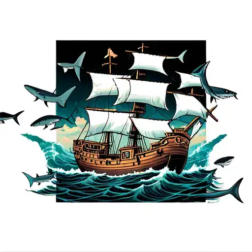 sunken tall ship with sharks tattoo design idea
