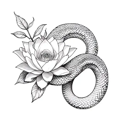 snake with a white rose and water lily flower tattoo design idea