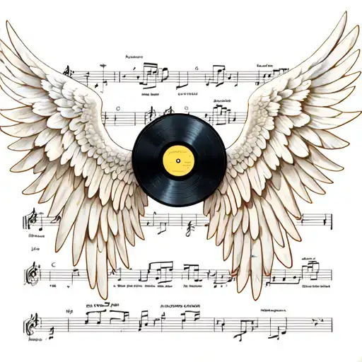 angel wings, vinyl record, sheet music notes, never too late tattoo design idea