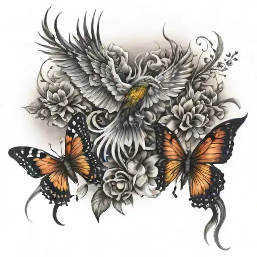phoenix rising into flowers and butterflies fluttering tattoo design idea