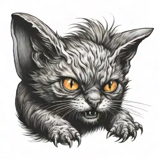 furry cat with bat teeth and wings tattoo design idea