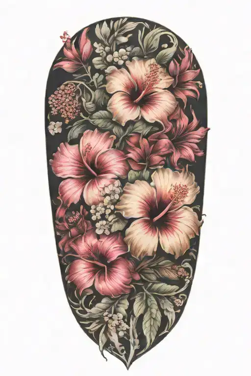 sleeve from wrist to elbow with hibiscus flowers and sakura flowers with skin break blank cross tattoo design idea
