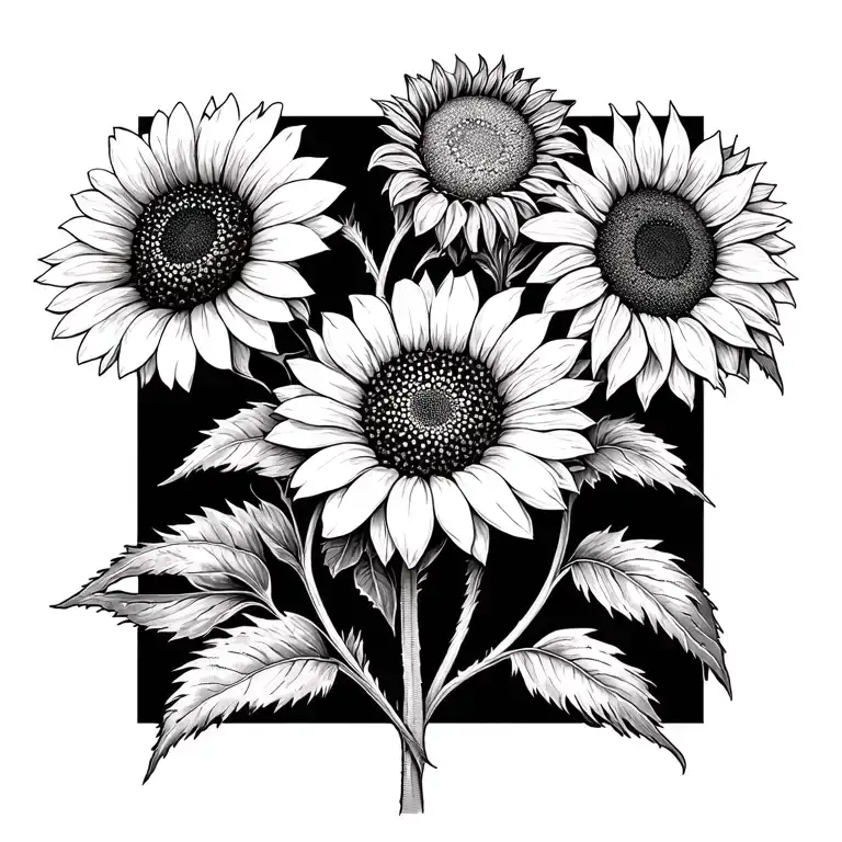 zinnias and sunflowers long greens stems tattoo design idea