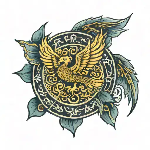 Phoenix Rising from Lotus circled in Buddhist damma wheel tattoo design idea