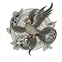 Phoenix Rising from Lotus circled in Buddhist damma wheel tattoo design idea