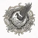 Phoenix Rising from Lotus circled in Buddhist damma wheel tattoo design idea
