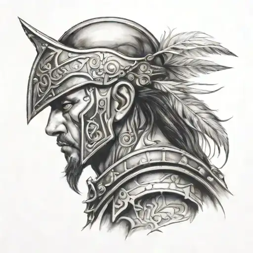  A side-profile portrait of a warrior gazing forward with calm intensity  tattoo design idea