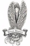 Angel wings holding plaque with words written 1/4/44-1/1/2024 In Loving Memory of my Dad tattoo design idea