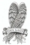 Angel wings holding plaque with words written 1/4/44-1/1/2024 In Loving Memory of my Dad tattoo design idea