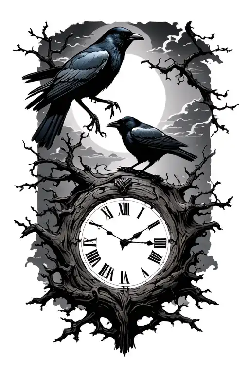 night sky, crows, tree branch, time tattoo design idea